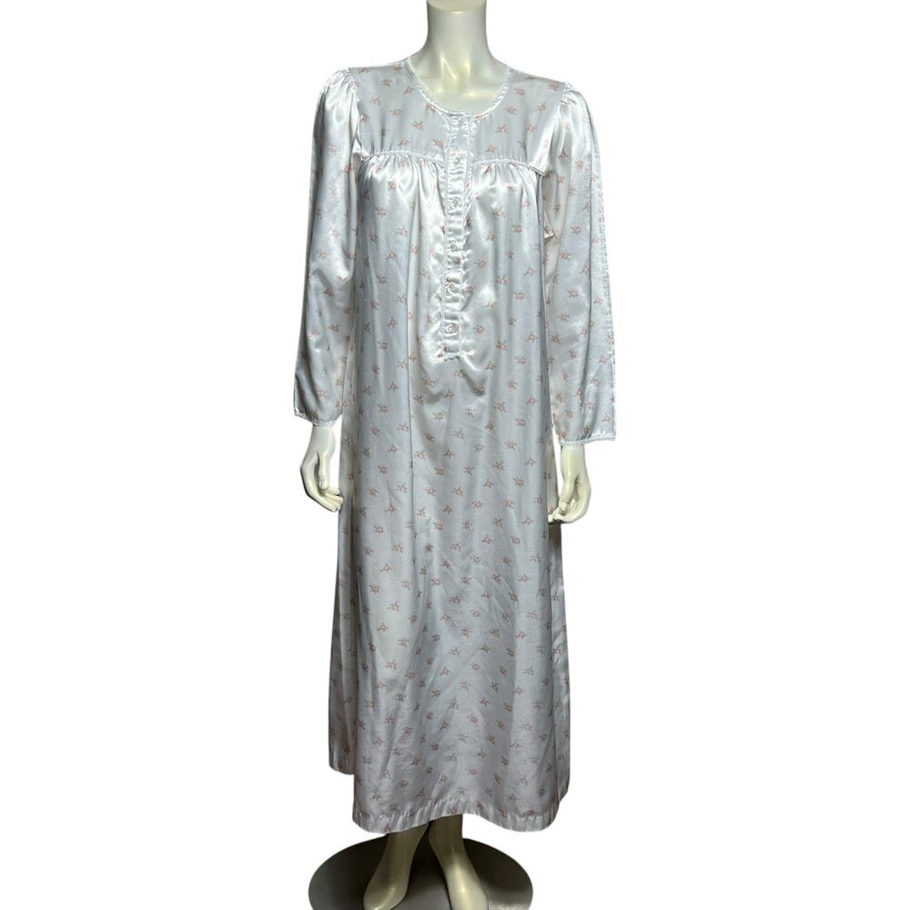 Vintage Satin Floral Nightgown, White with Pink Roses, Size Small